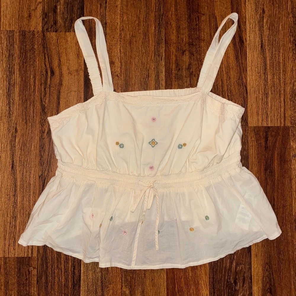 Celebrity Pink Cream Embroidered Babydoll Cami Top XXL Smocked Peplum Cotton
